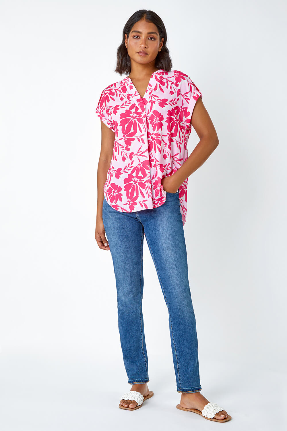 PINK Floral Print Pleat Front Top, Image 2 of 5