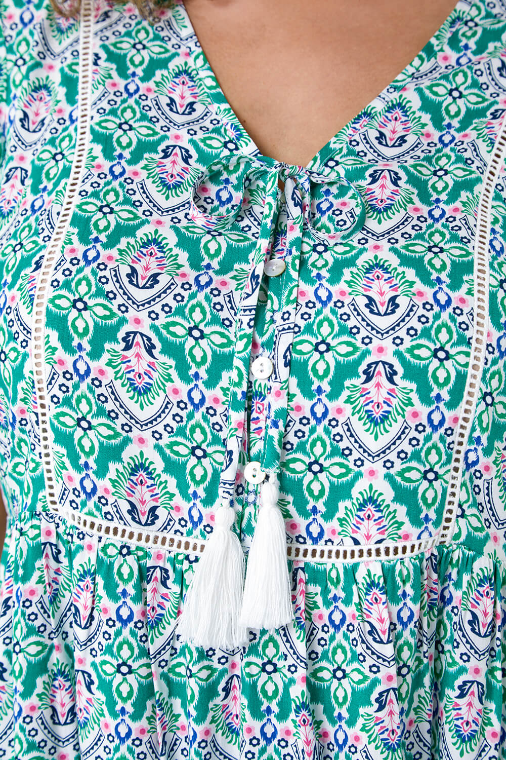 Green Curve Tie Front Boho Printed Top, Image 5 of 5