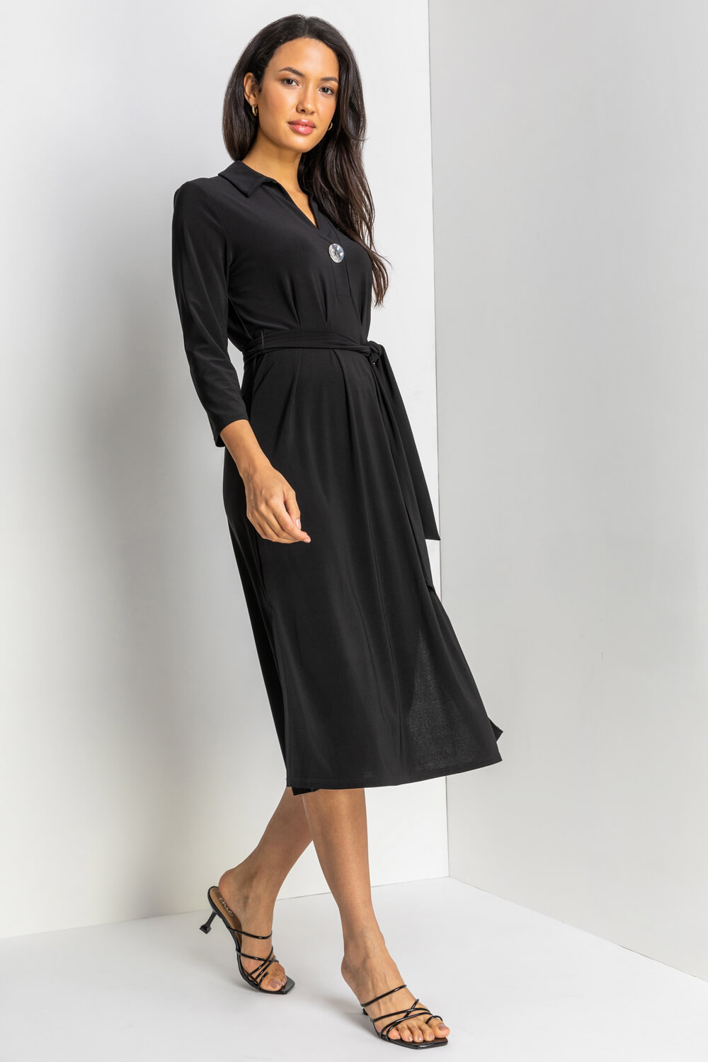 Black Plain Button Detail Midi Dress, Image 3 of 5