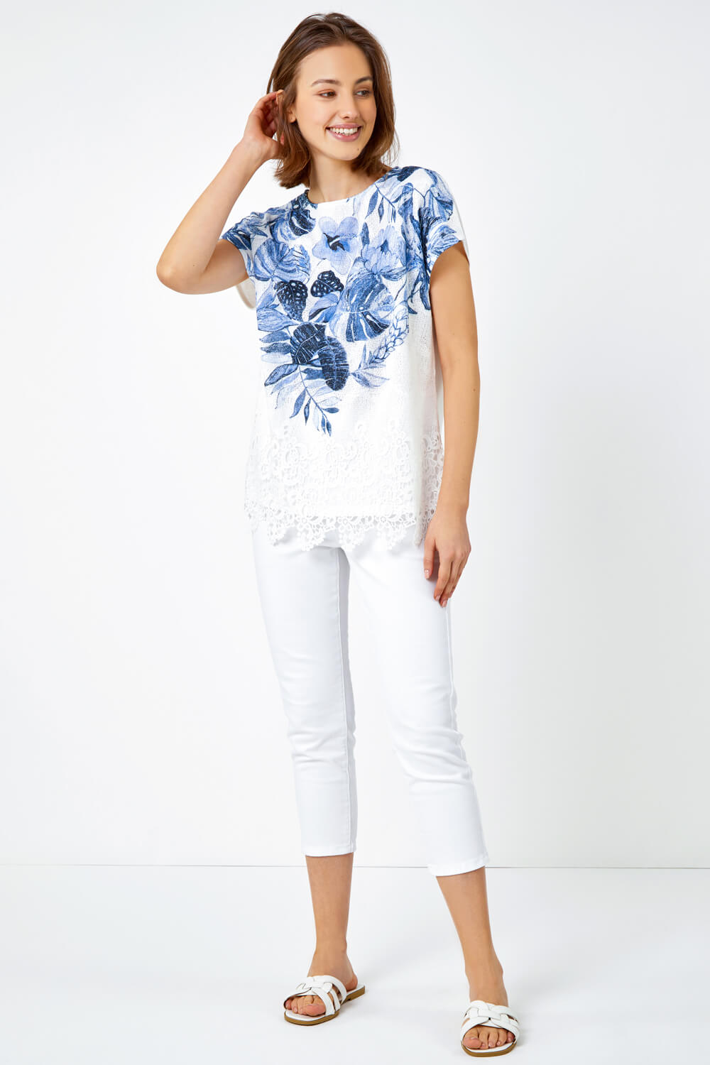 Blue Floral Print Lace Trim Stretch T-Shirt , Image 4 of 5