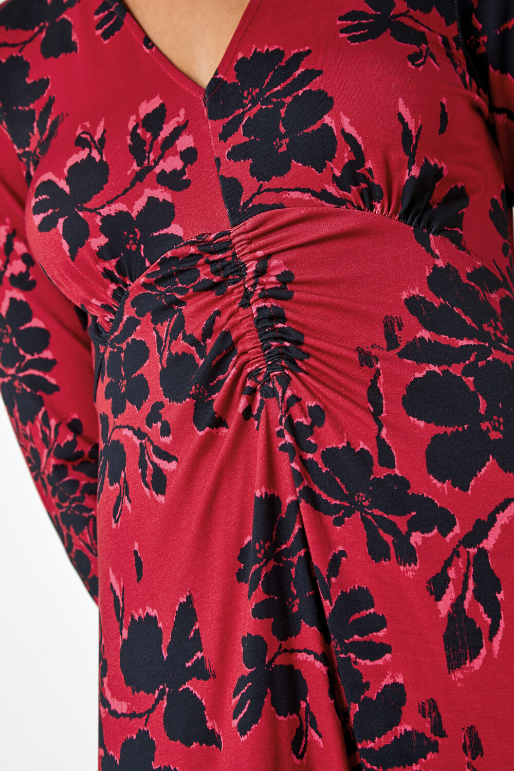 Red Floral Print Ruched Midi Stretch Dress, Image 5 of 5