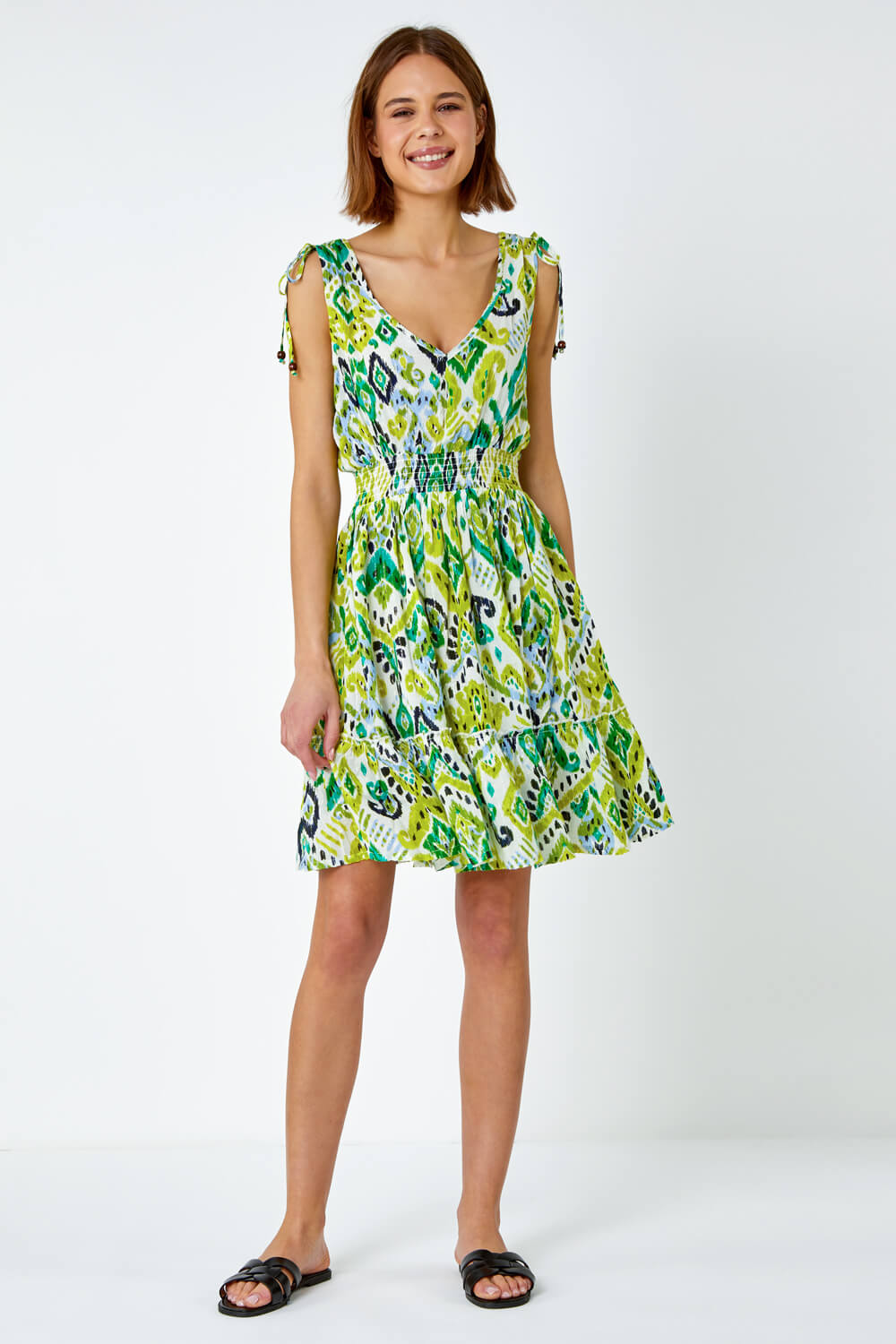 Lime Aztec Print Shirred Stretch Dress, Image 3 of 6