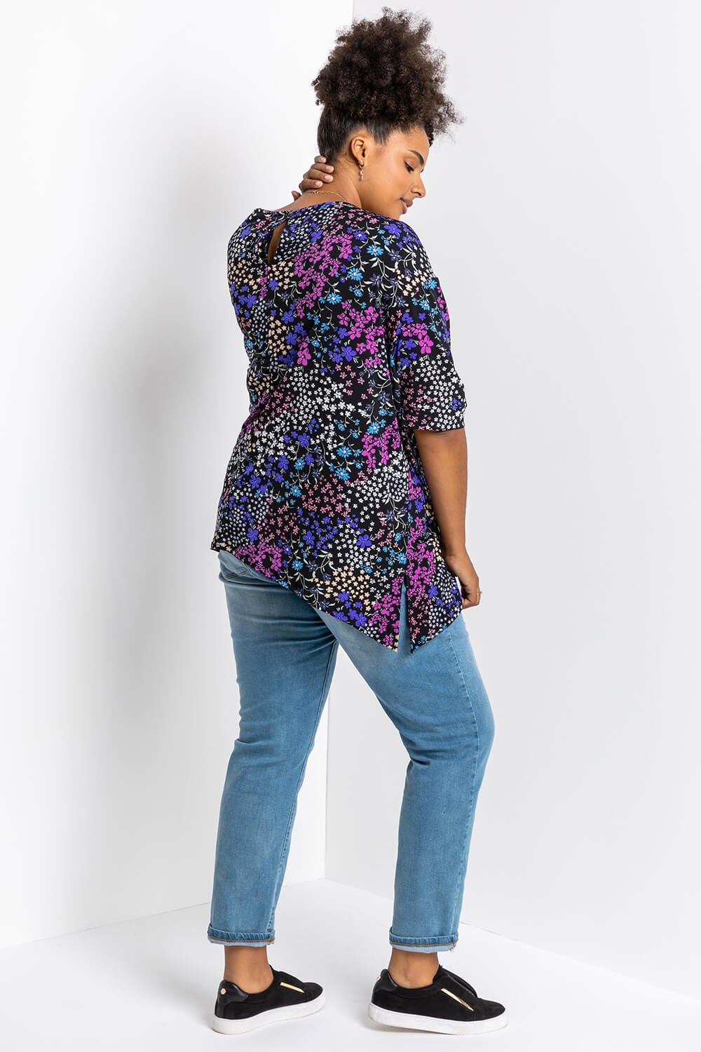 Blue Curve Patchwork Floral Print Tunic Top, Image 2 of 4