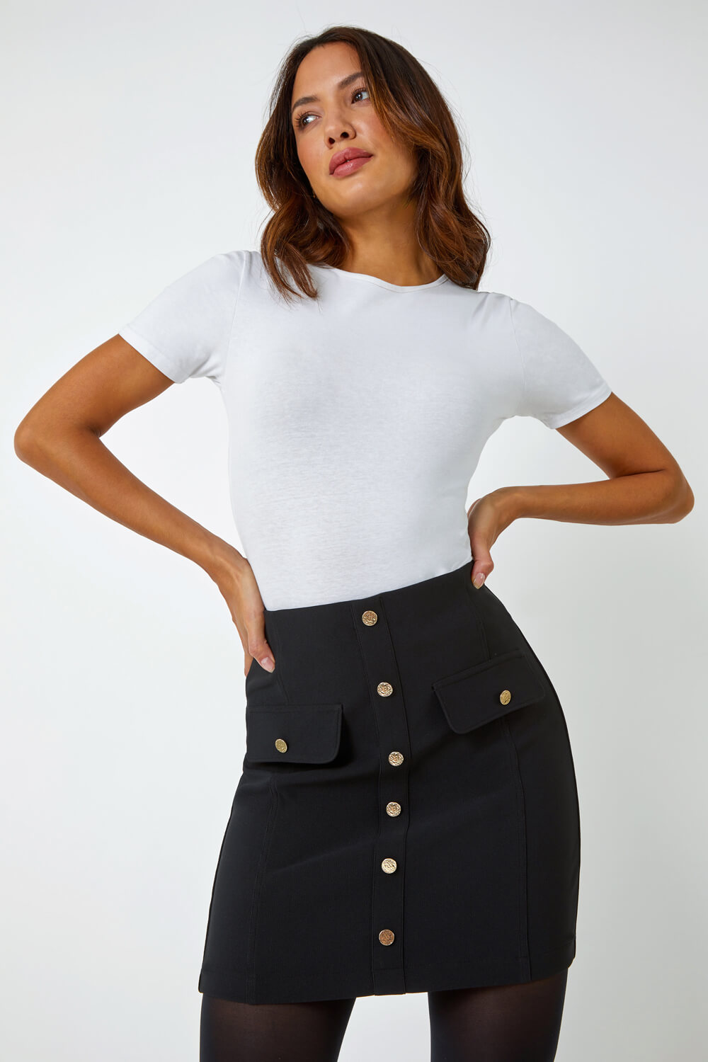 Black Ribbed Stretch Button Detail Skirt | Roman UK