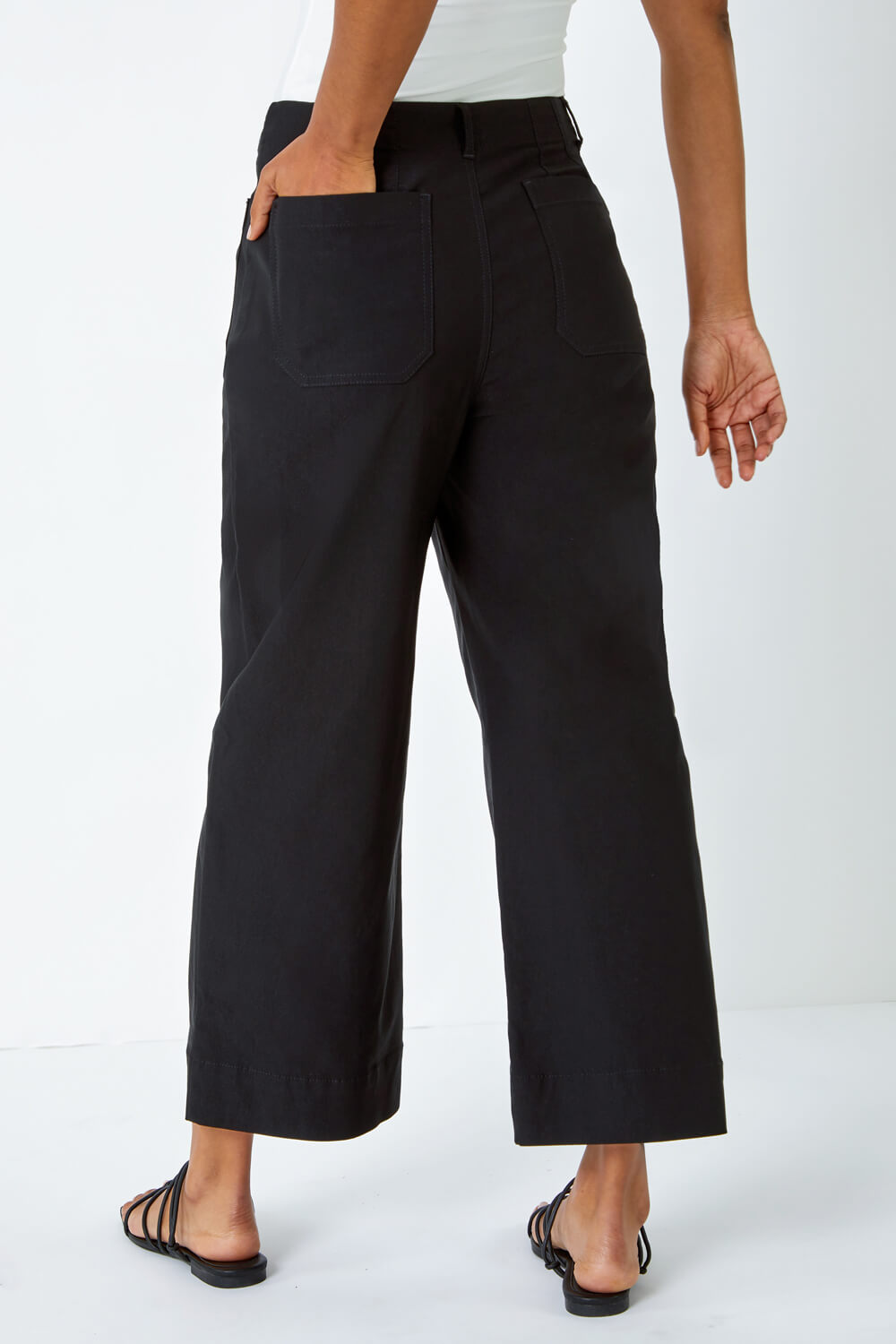 Black Pocket Detail Cropped Stretch Culottes, Image 3 of 5