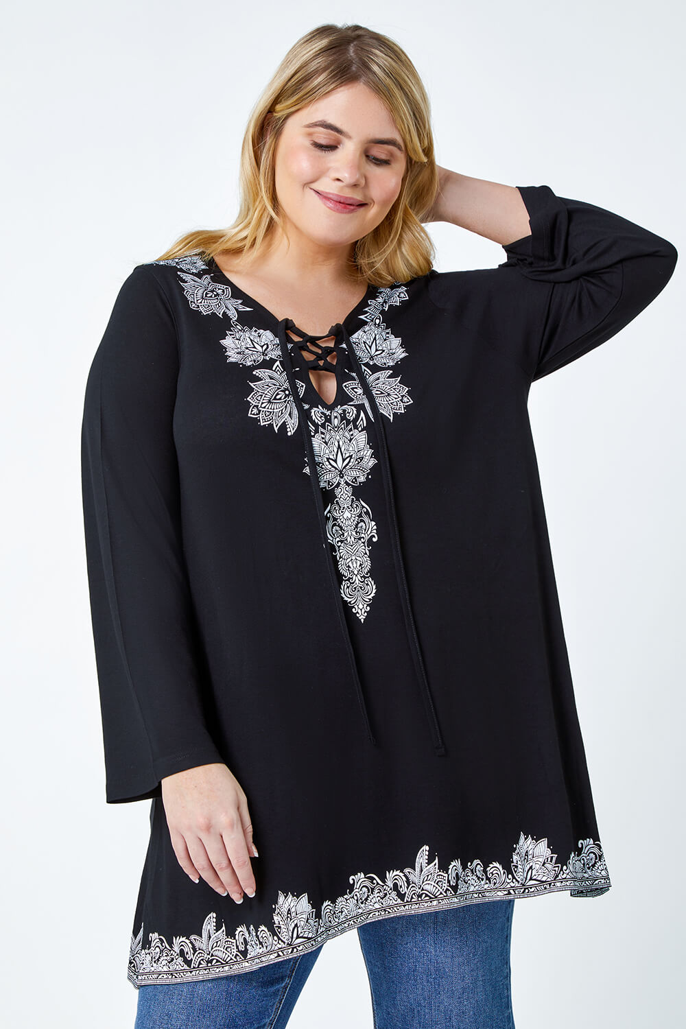 Black Curve Border Print Lace Up Top, Image 4 of 5