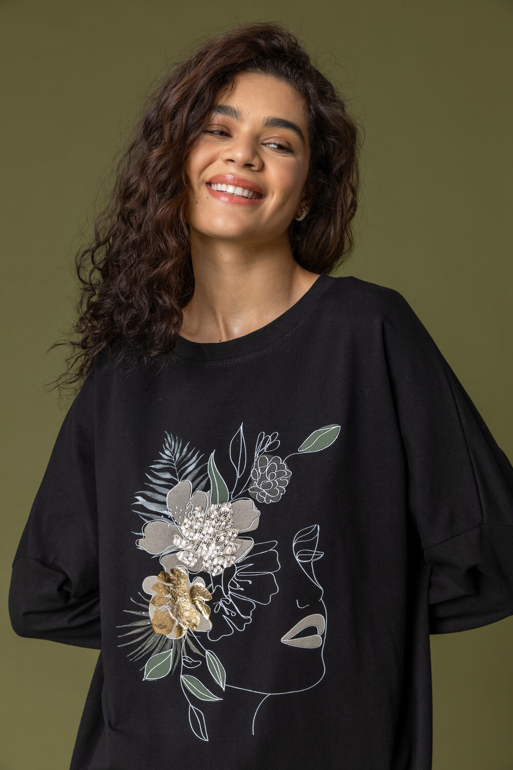 Black Abstract Floral Print Sweat Top, Image 4 of 4