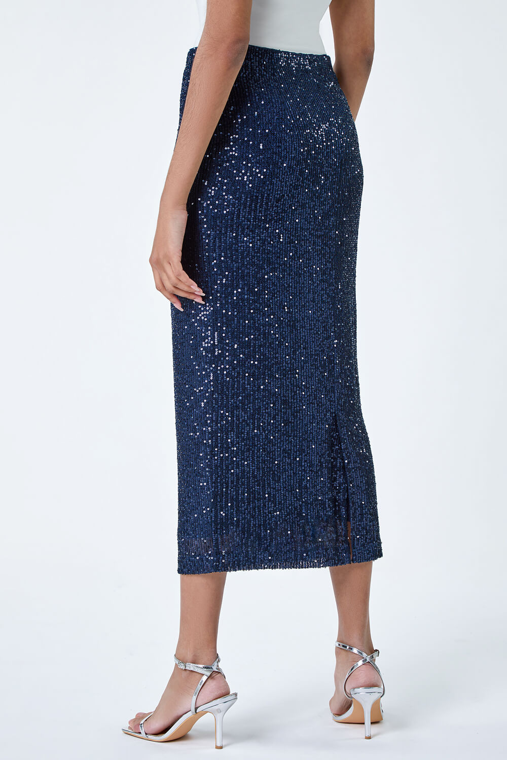 Navy  Sequin Sparkle Stretch Midi Skirt, Image 3 of 5