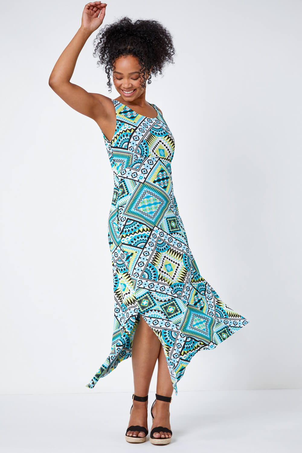 Turquoise Petite Sleeveless Abstract Midi Stretch Dress, Image 2 of 5