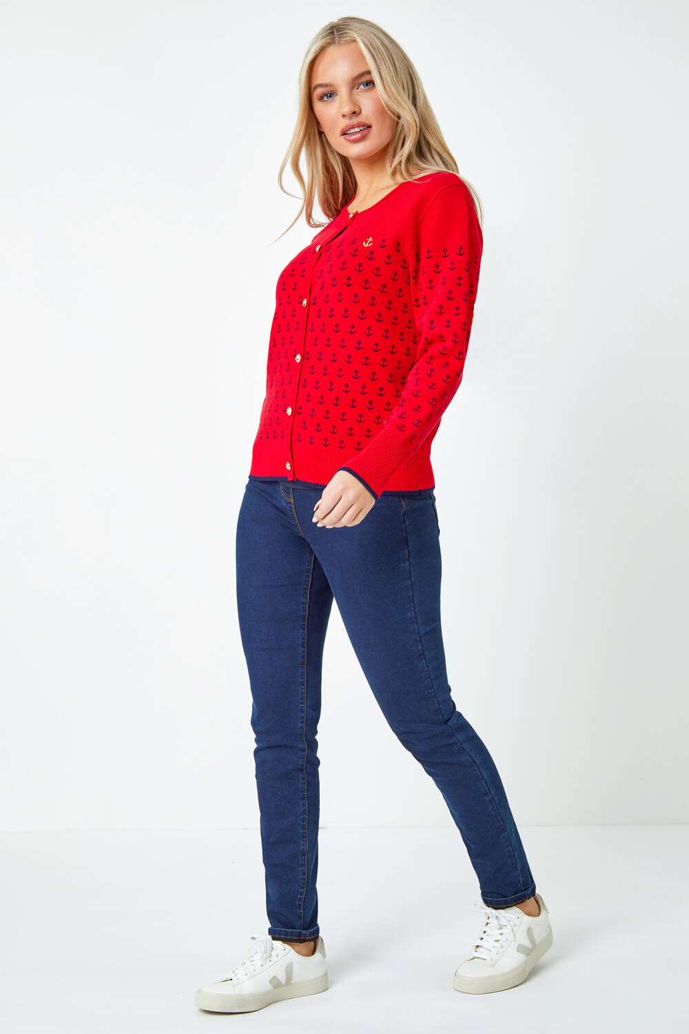 Red Petite Anchor Embroidered Cardigan, Image 4 of 5
