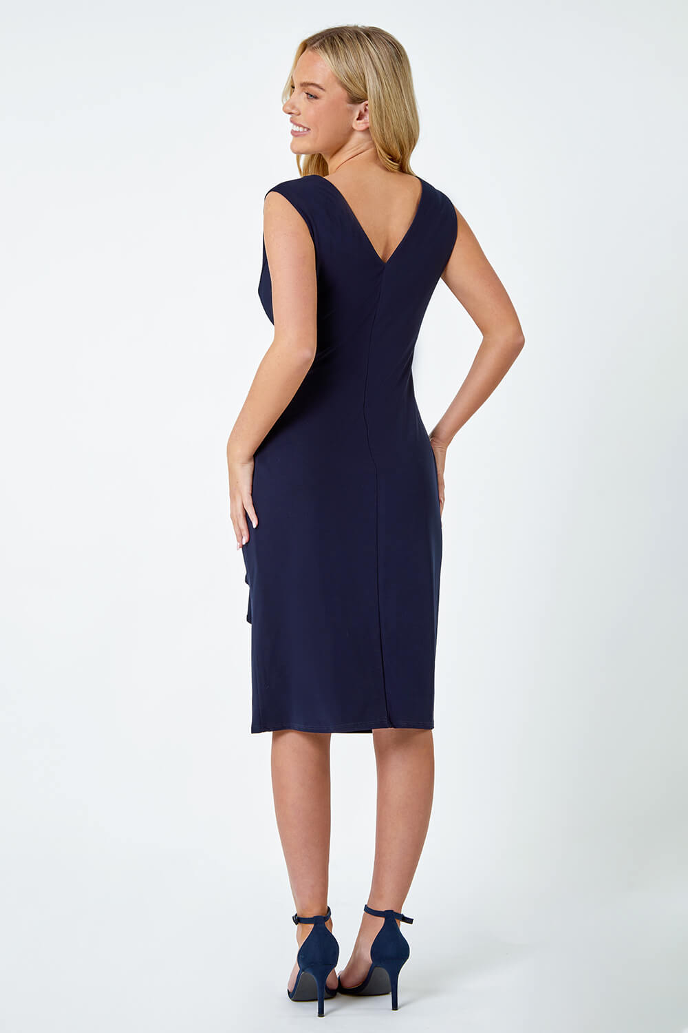 Navy  Petite Ruched Waterfall Stretch Dress, Image 3 of 5