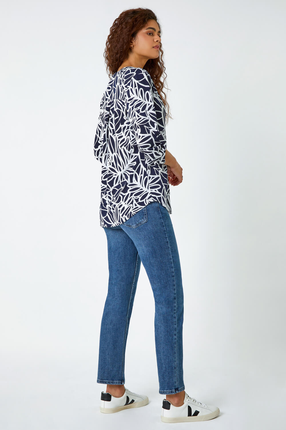 Navy  Textured Floral Print Stretch Top , Image 3 of 5