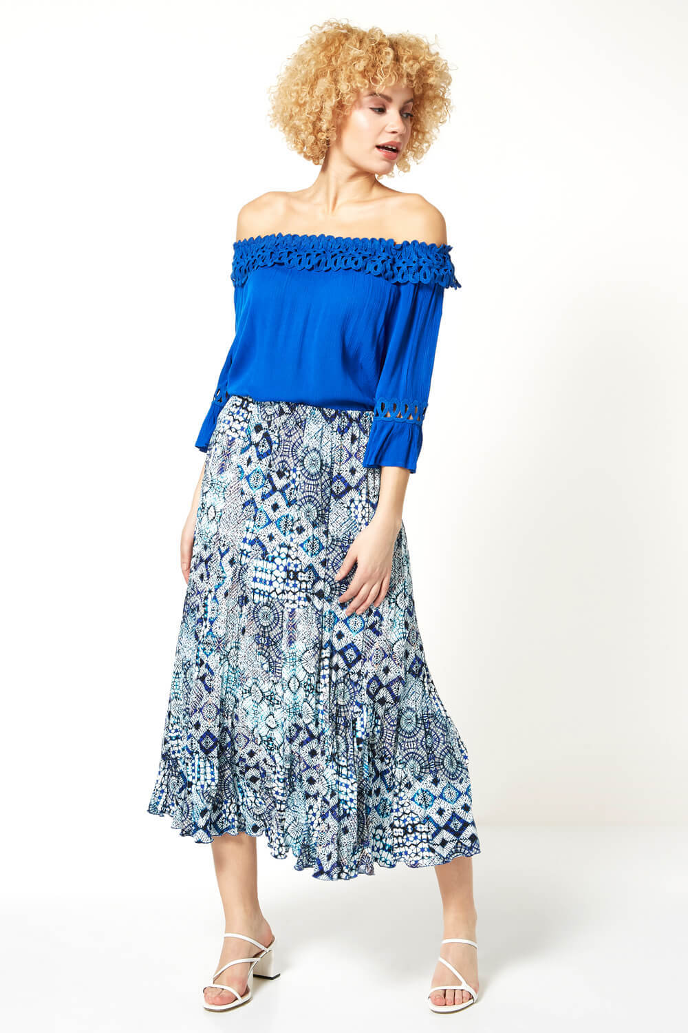 Crinkle Geometric Print Midi Skirt in Blue - Roman Originals UK