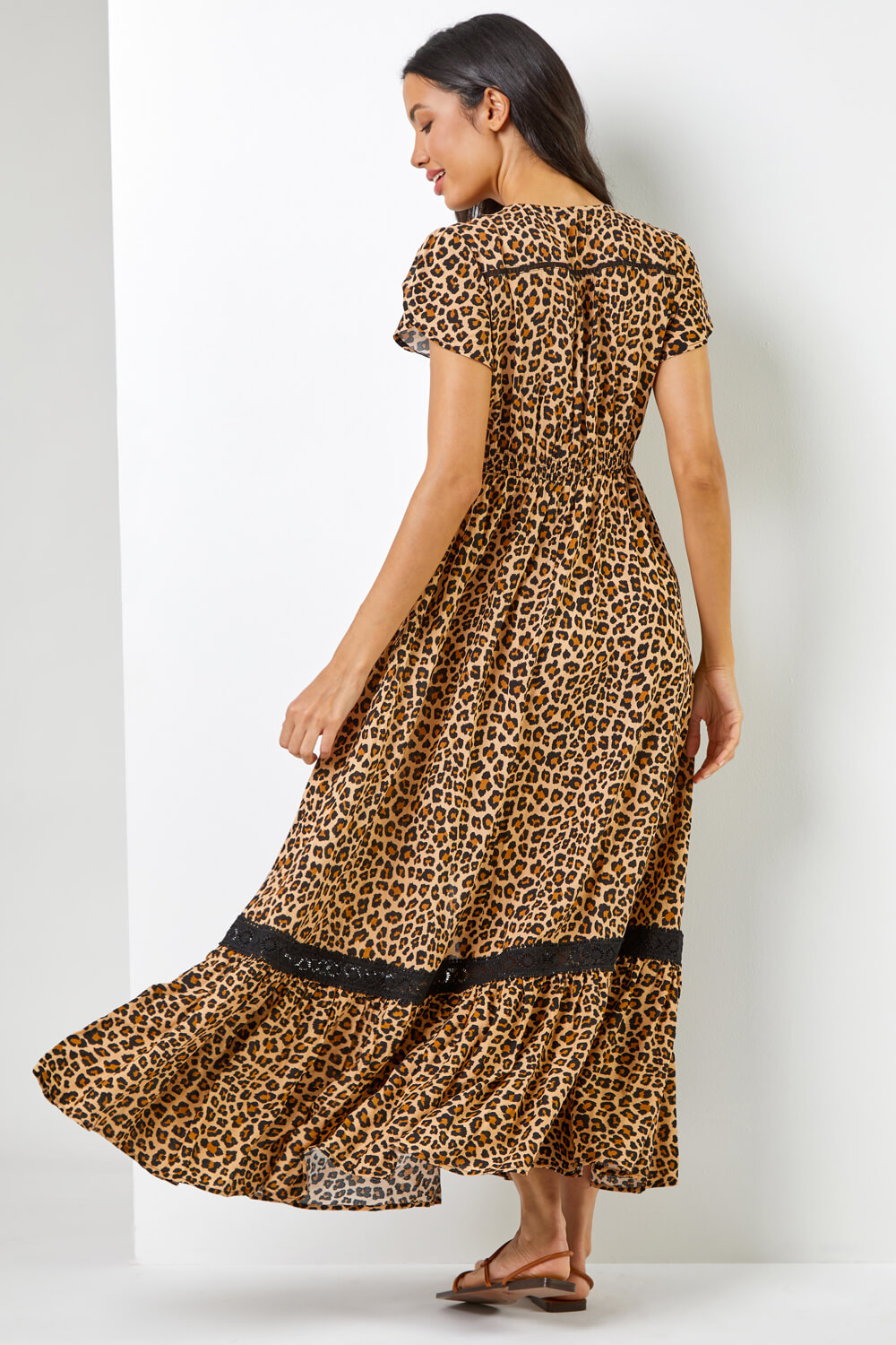 Camel  Animal Print Shirred Waist Maxi Dress, Image 3 of 6