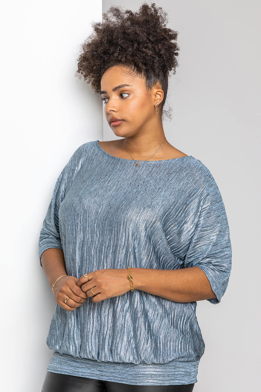 Silver Curve Shimmer Pleated Blouson Top, Image 5 of 5