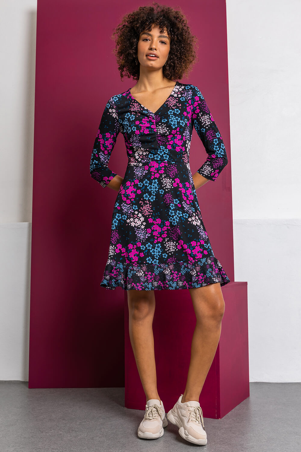 Purple Floral Print Ruched Mini Dress, Image 3 of 5