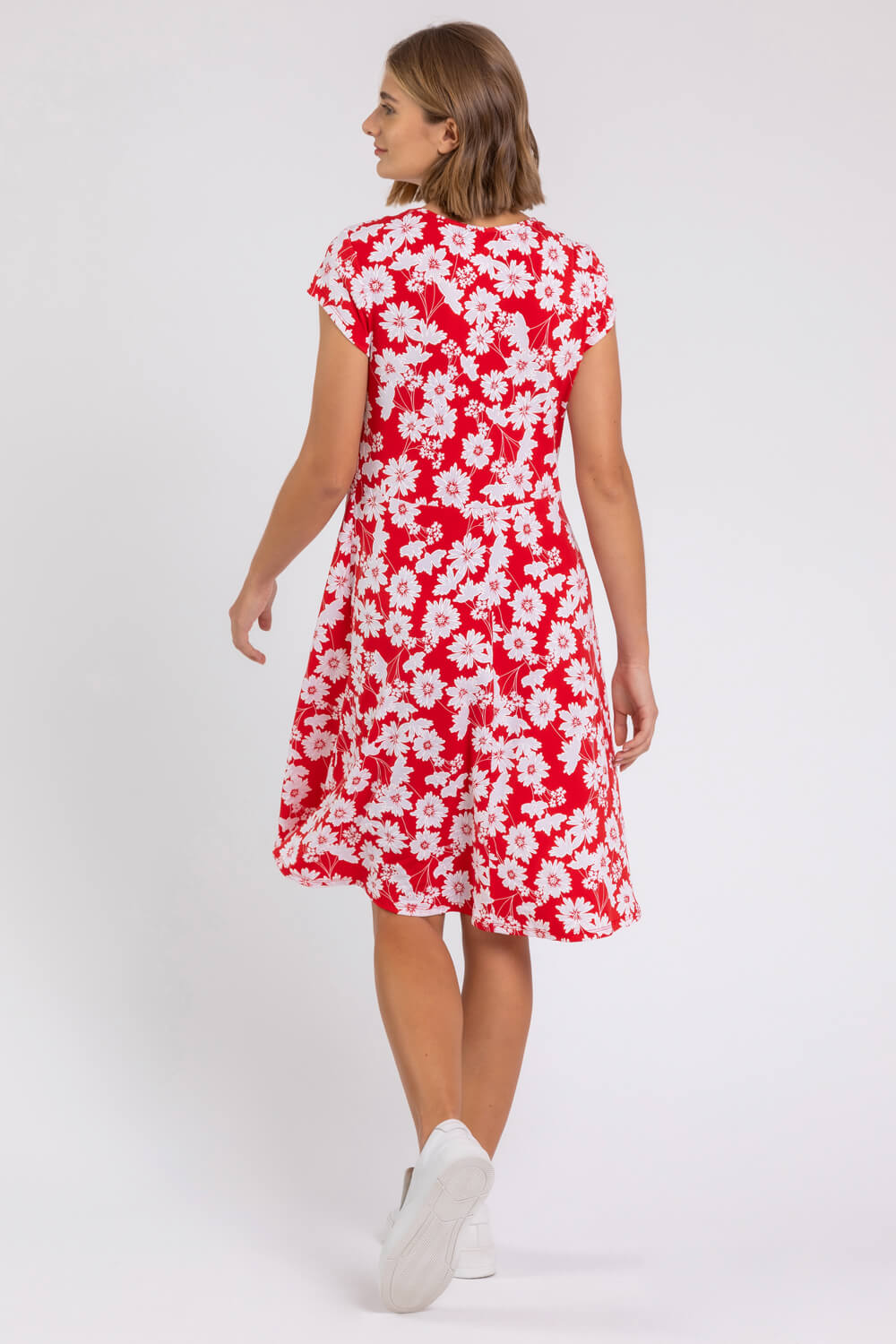 Red Floral Print Stretch Jersey Tea Dress - Roman UK