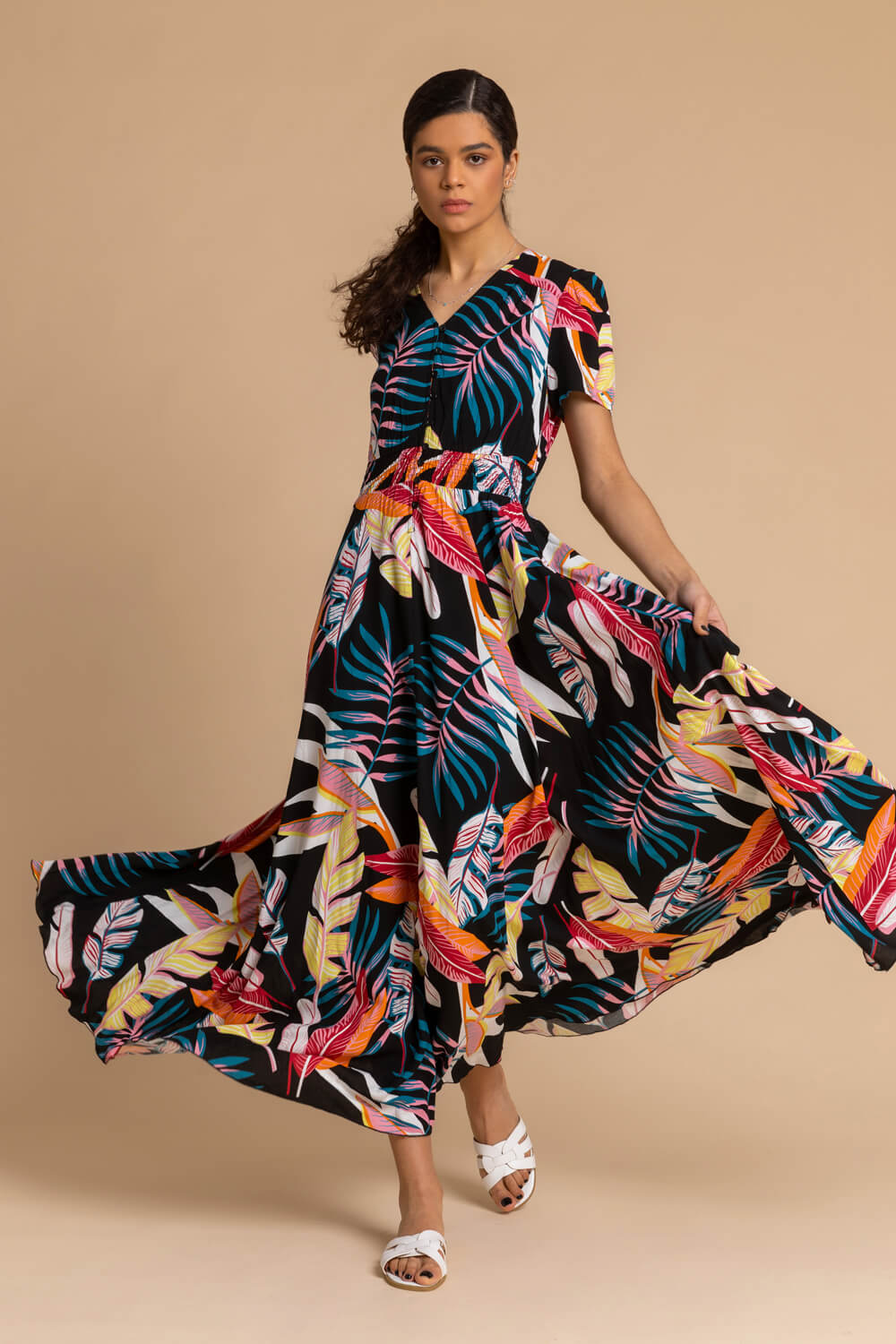 Black Tropical Palm Shirred Waist Maxi Dress, Image 4 of 6