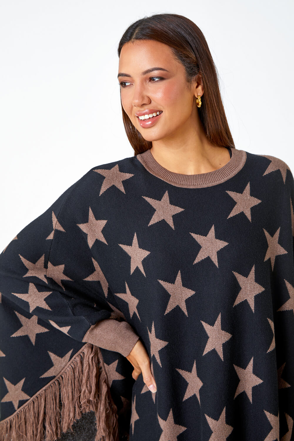 Camel  Star Print Wool Blend Fringed Poncho, Image 4 of 5