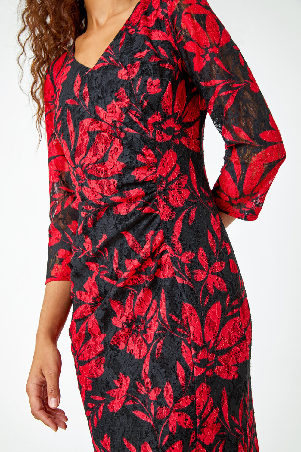 Red Floral Print Lace Shift Stretch Dress , Image 5 of 5