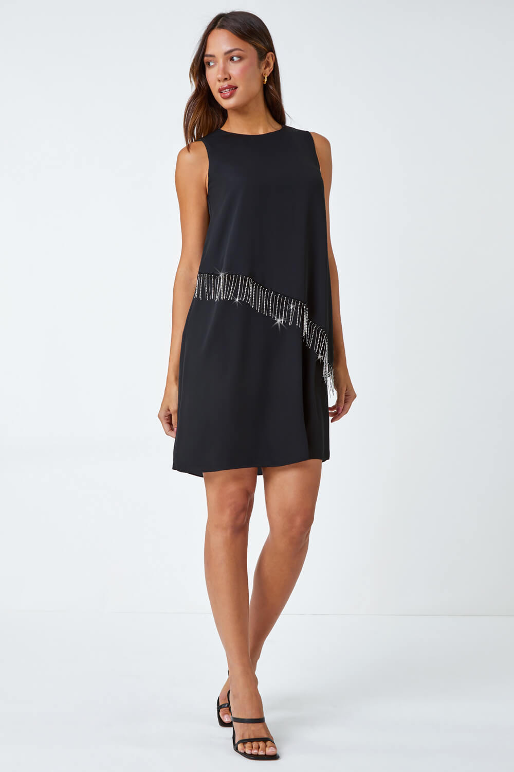 Black Diamante Trim Asymmetric Overlay Dress Roman UK