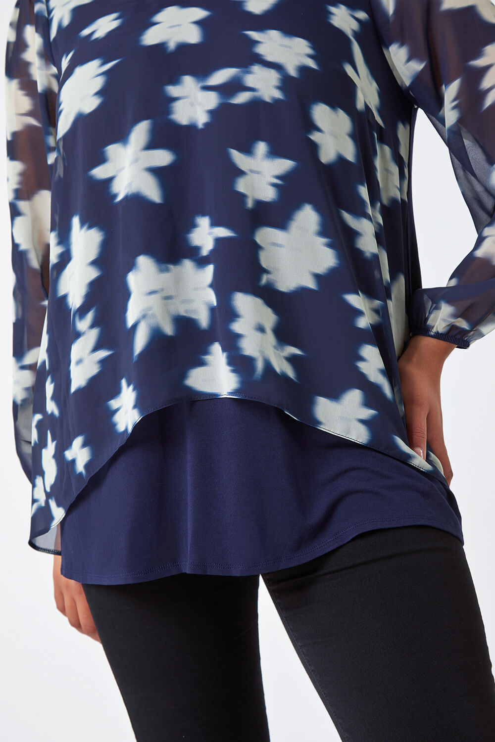 Navy  Curve Floral Overlay Stretch Top, Image 5 of 5