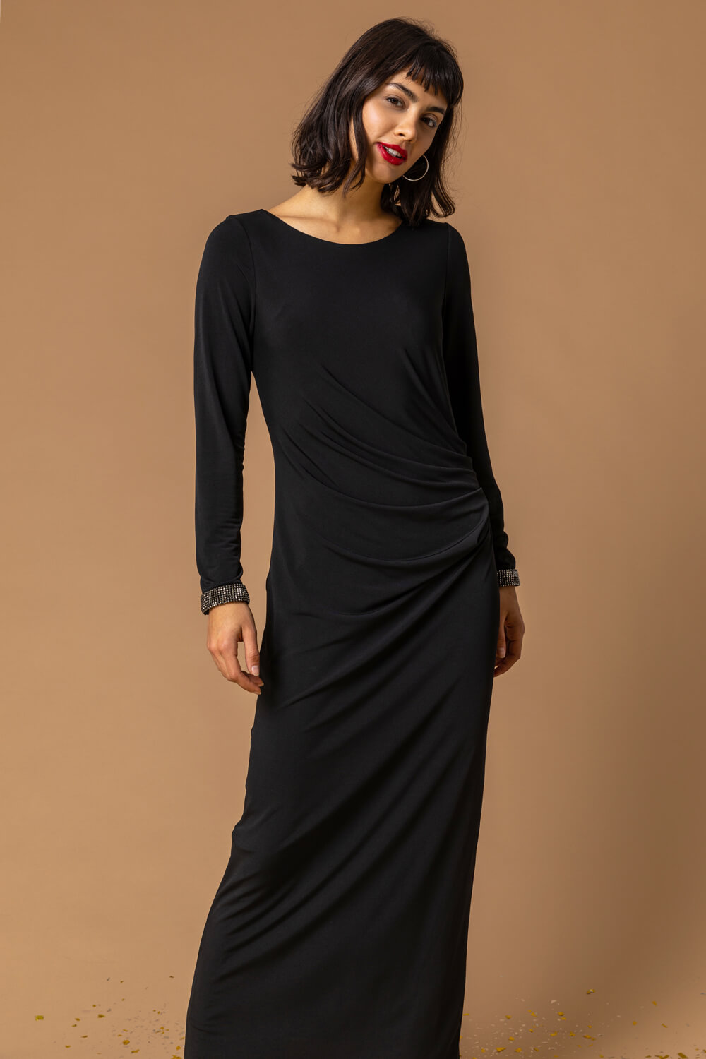 Black Sparkle Embellished Ruched Maxi Dress, Image 4 of 4