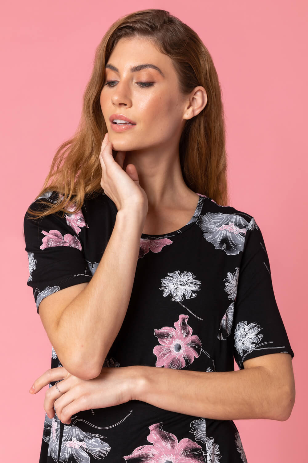 Black Floral Print Swing Tunic Top, Image 4 of 4
