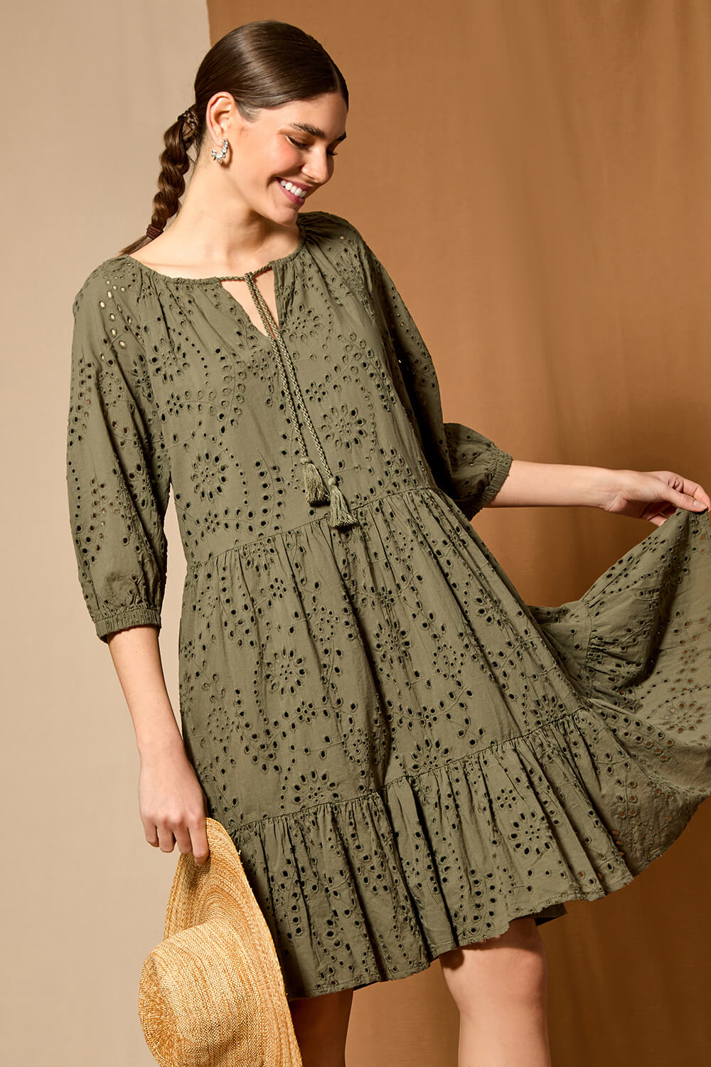 KHAKI Cotton Broderie Tiered Smock Dress, Image 7 of 7