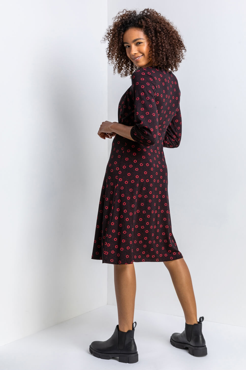 Red Square Neck Floral Spot Print Dress, Image 2 of 5