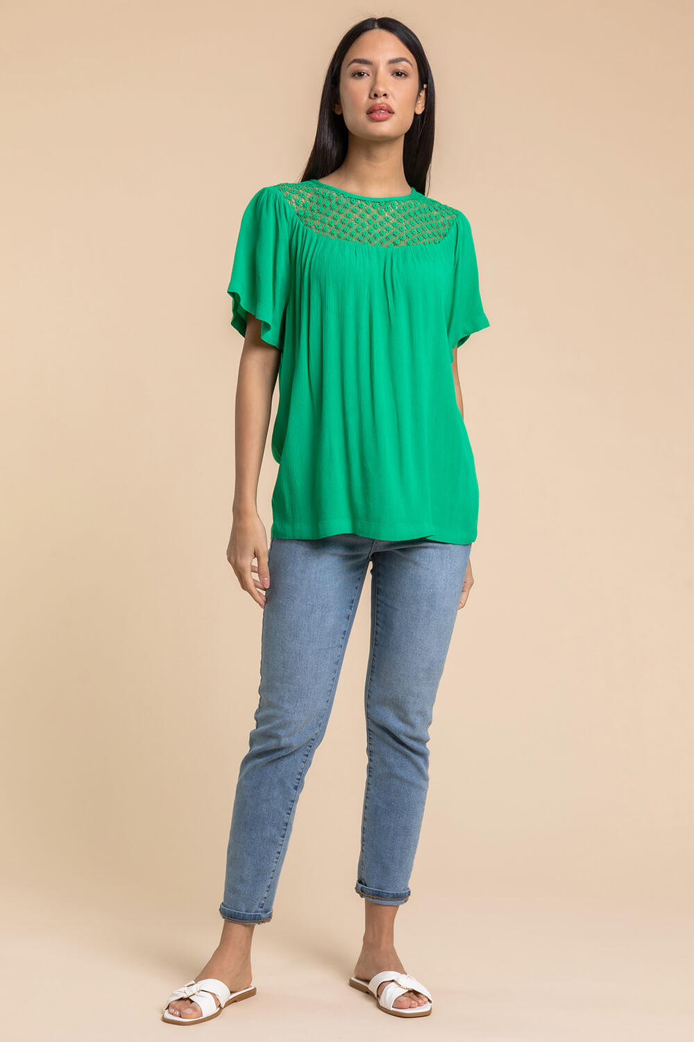 Green Lace Panel Tunic Top, Image 3 of 5