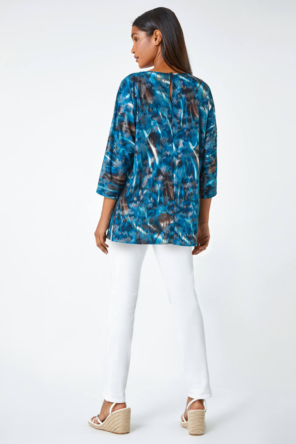 Blue Metallic Abstract Print Oversized T-Shirt, Image 3 of 5