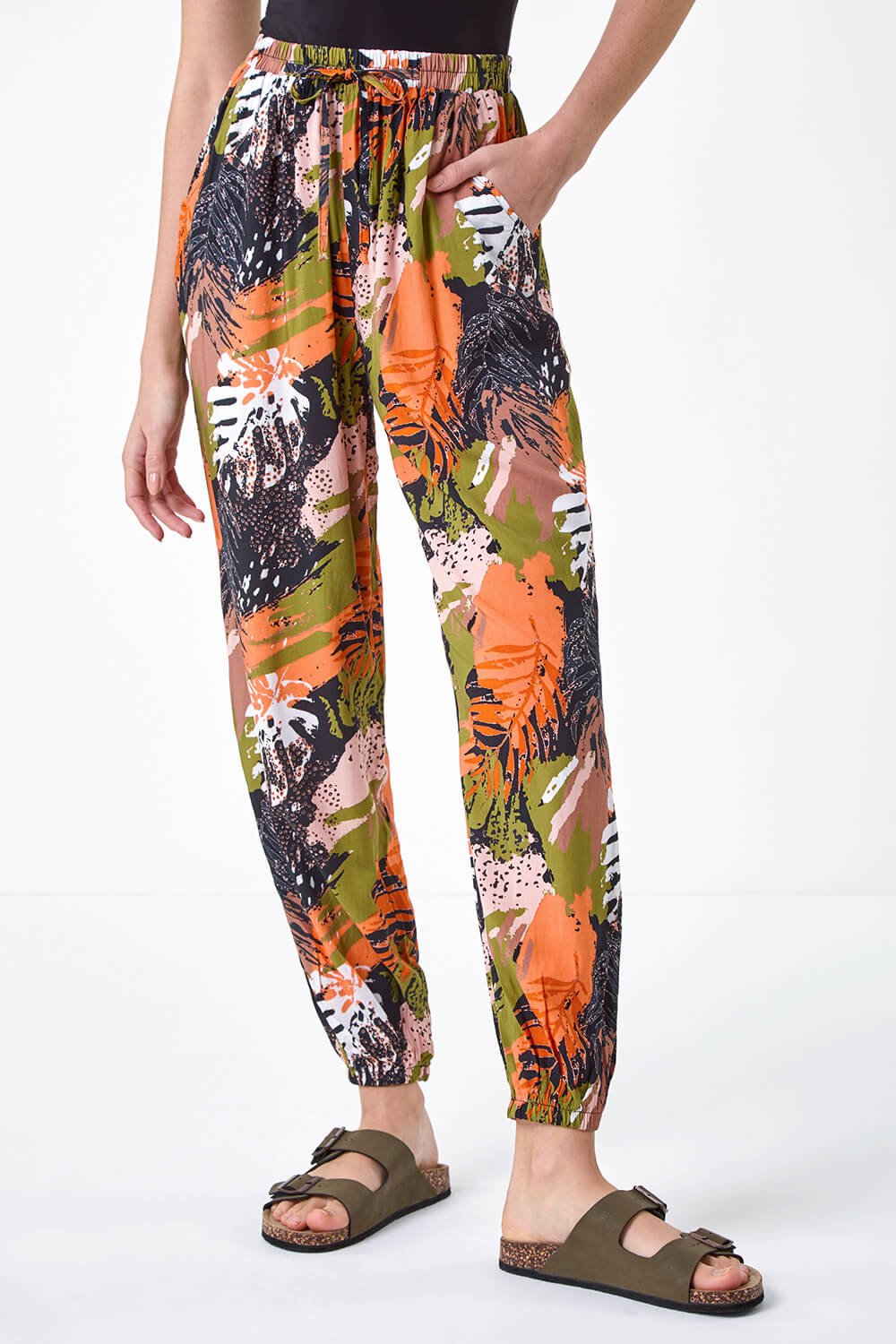 Orange Tropical Leaf Print Hareem Trousers | Roman UK