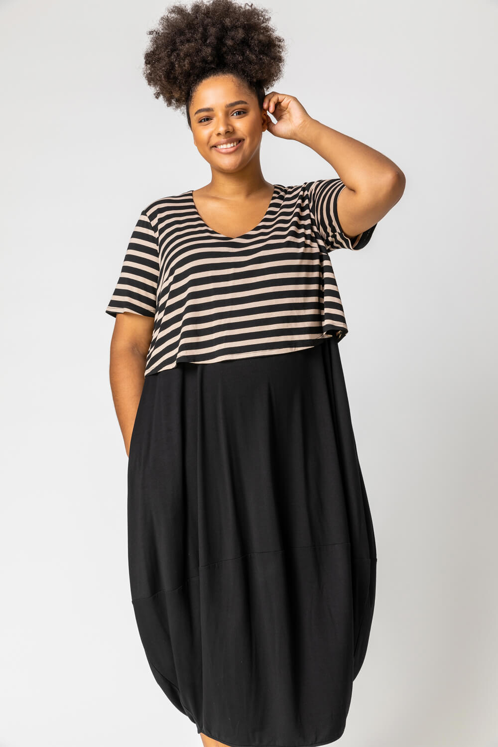 Beige Curve Stripe Contrast Print Jersey Dress, Image 3 of 5