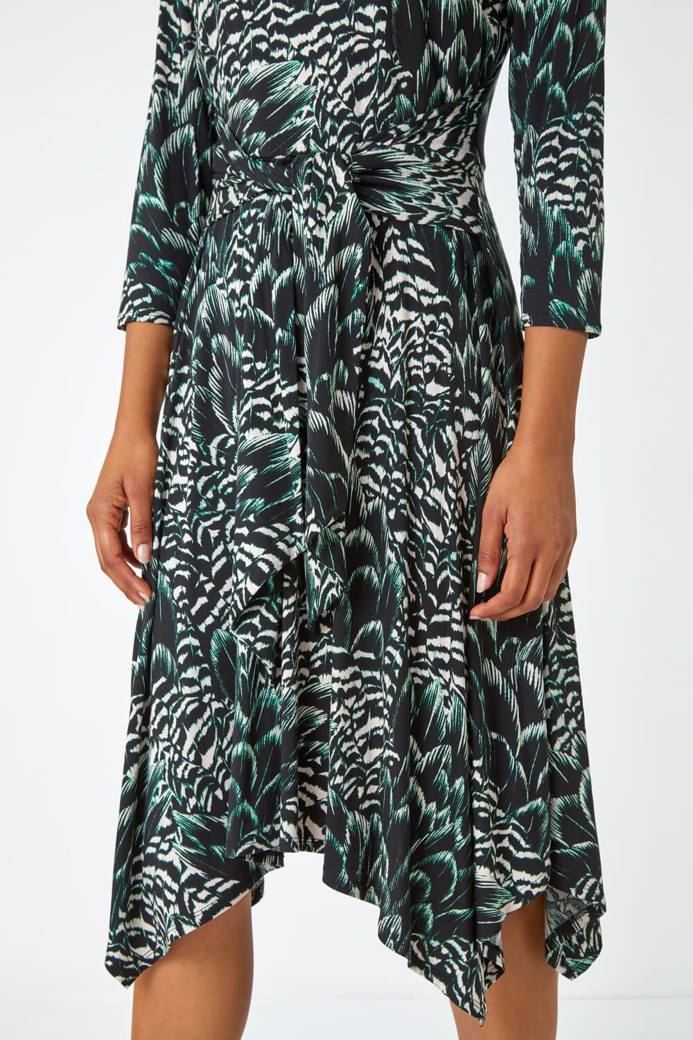 Black Abstract Print Tie Waist Stretch Dress , Image 5 of 5