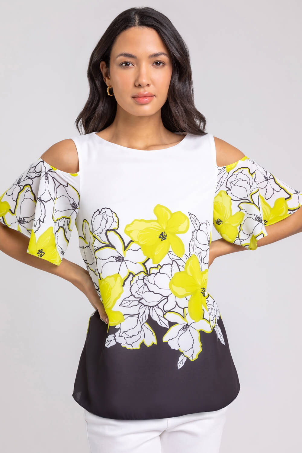 Lime Floral Placement Print Cold Shoulder Top, Image 5 of 5