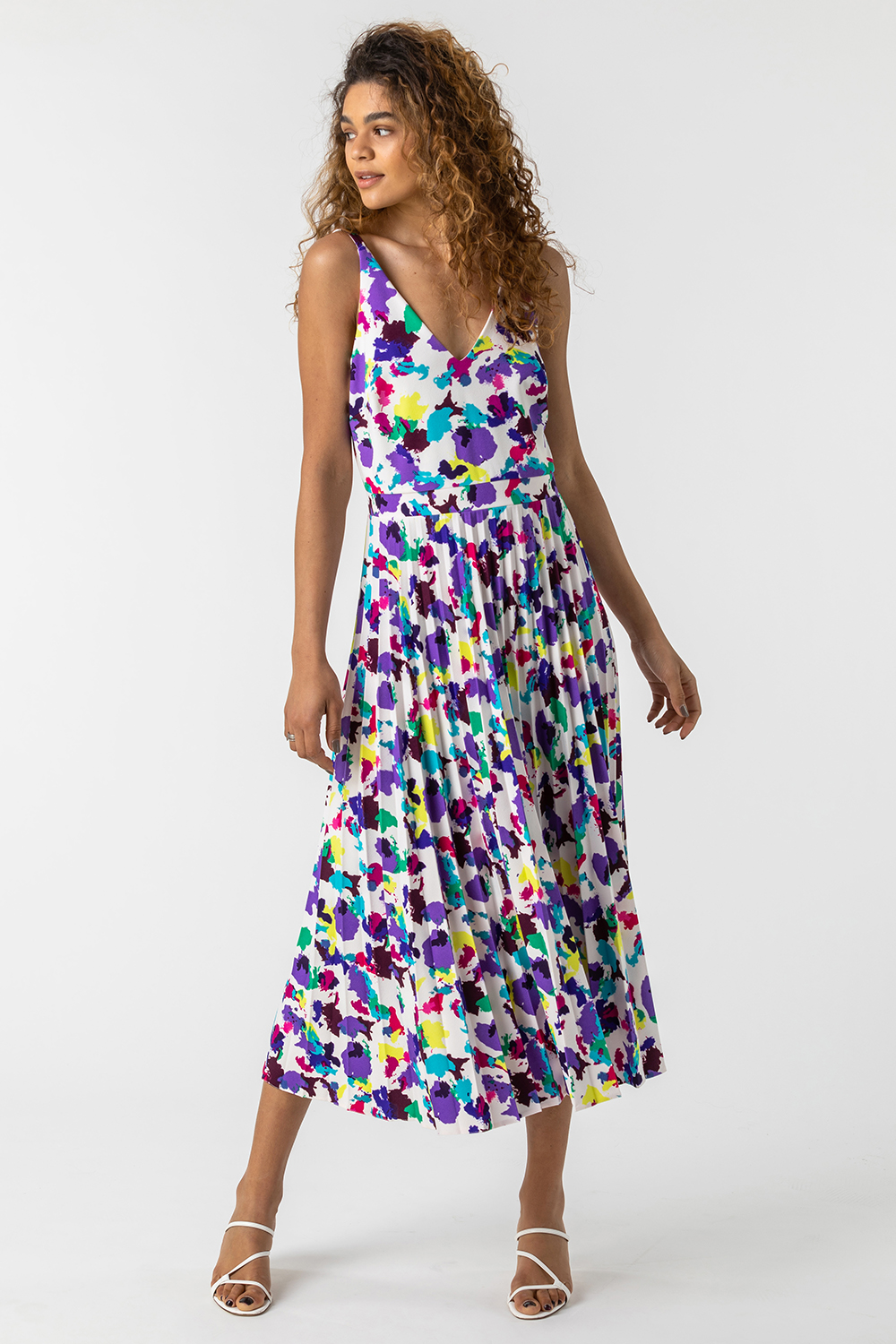 Multi  Abstract Print Pleated Midi Dress, Image 3 of 5