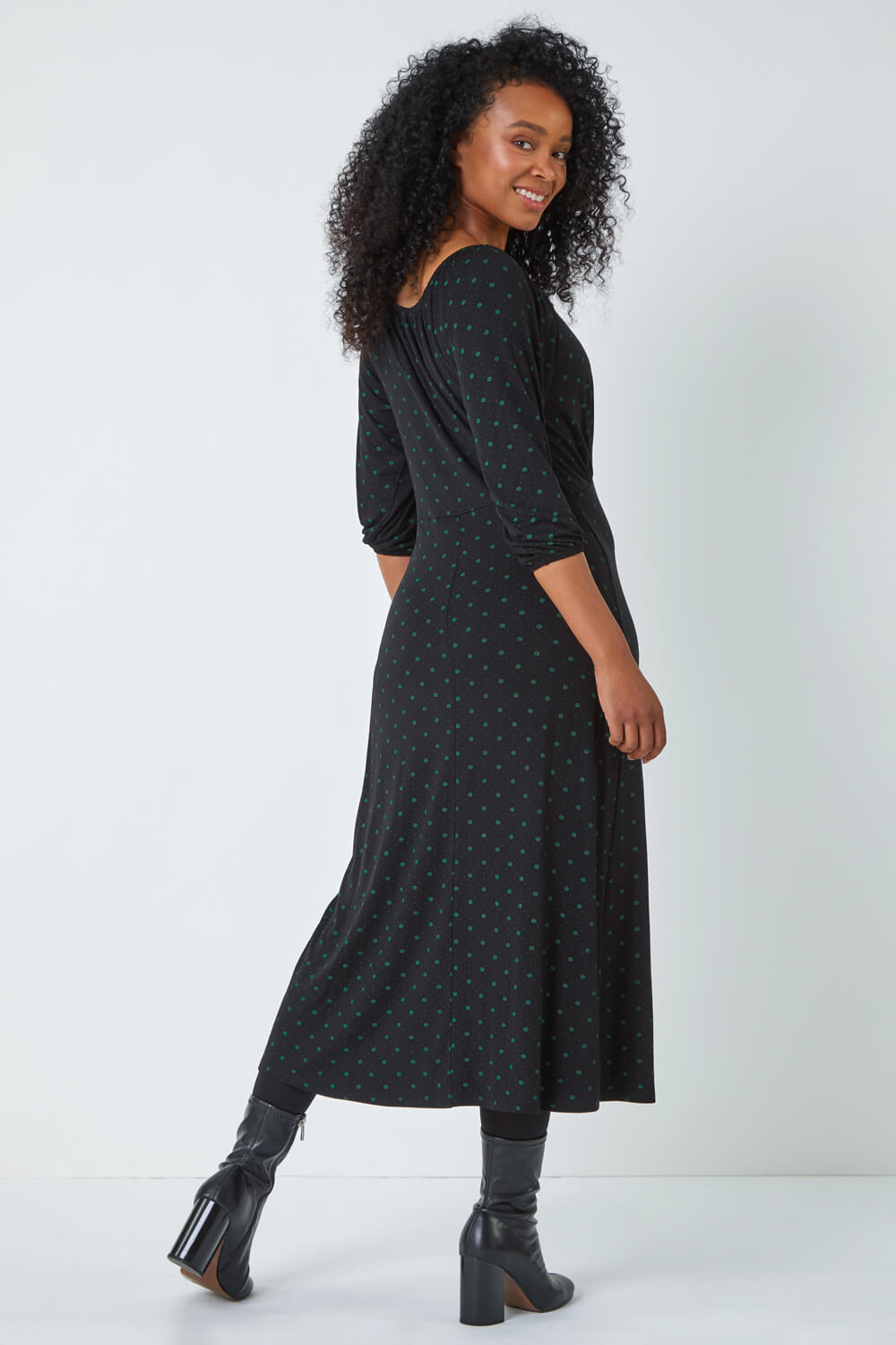 Black Petite Polka Dot Midi Stretch Dress | Roman UK