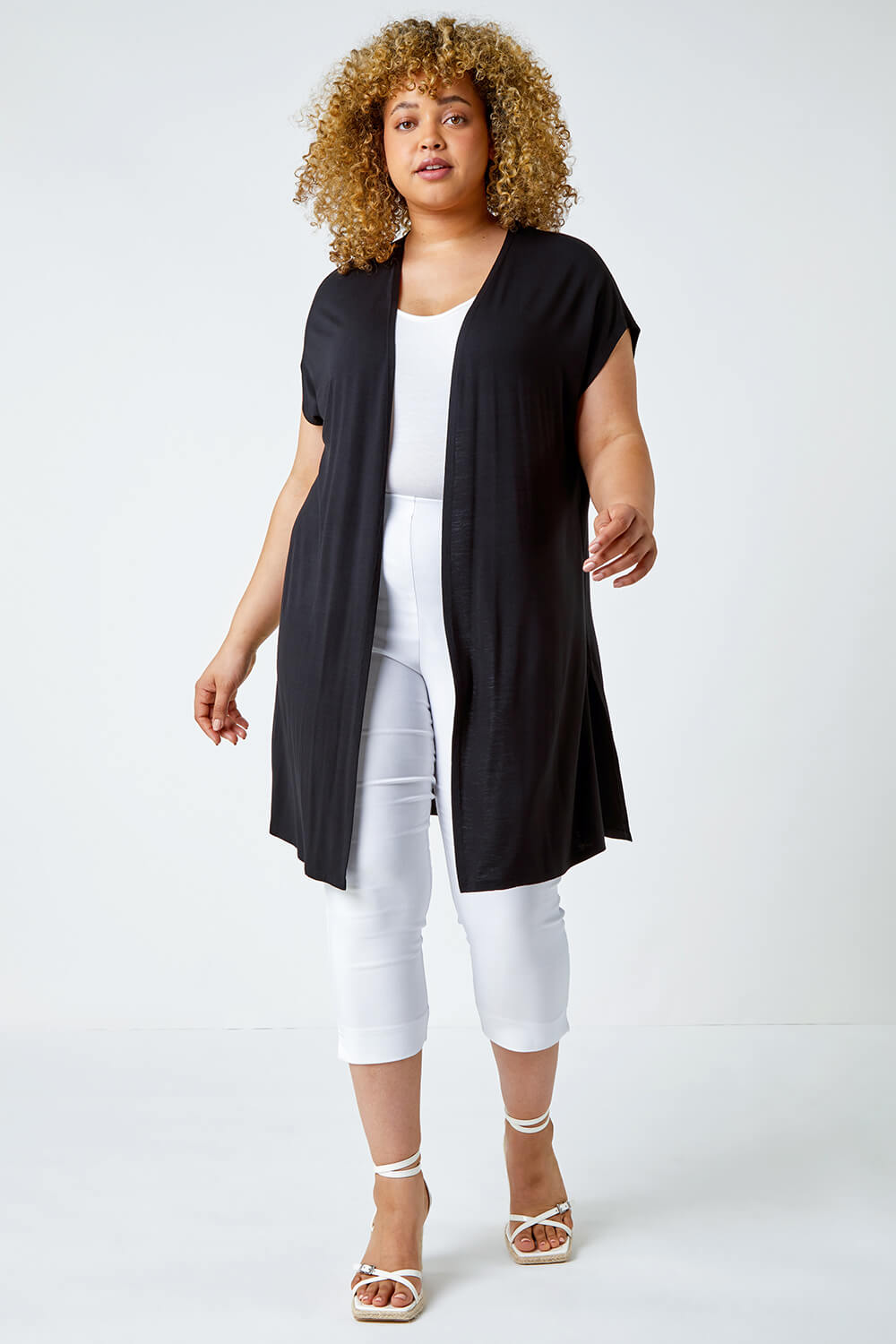 Black Curve Longline Stretch Cardigan, Image 2 of 5