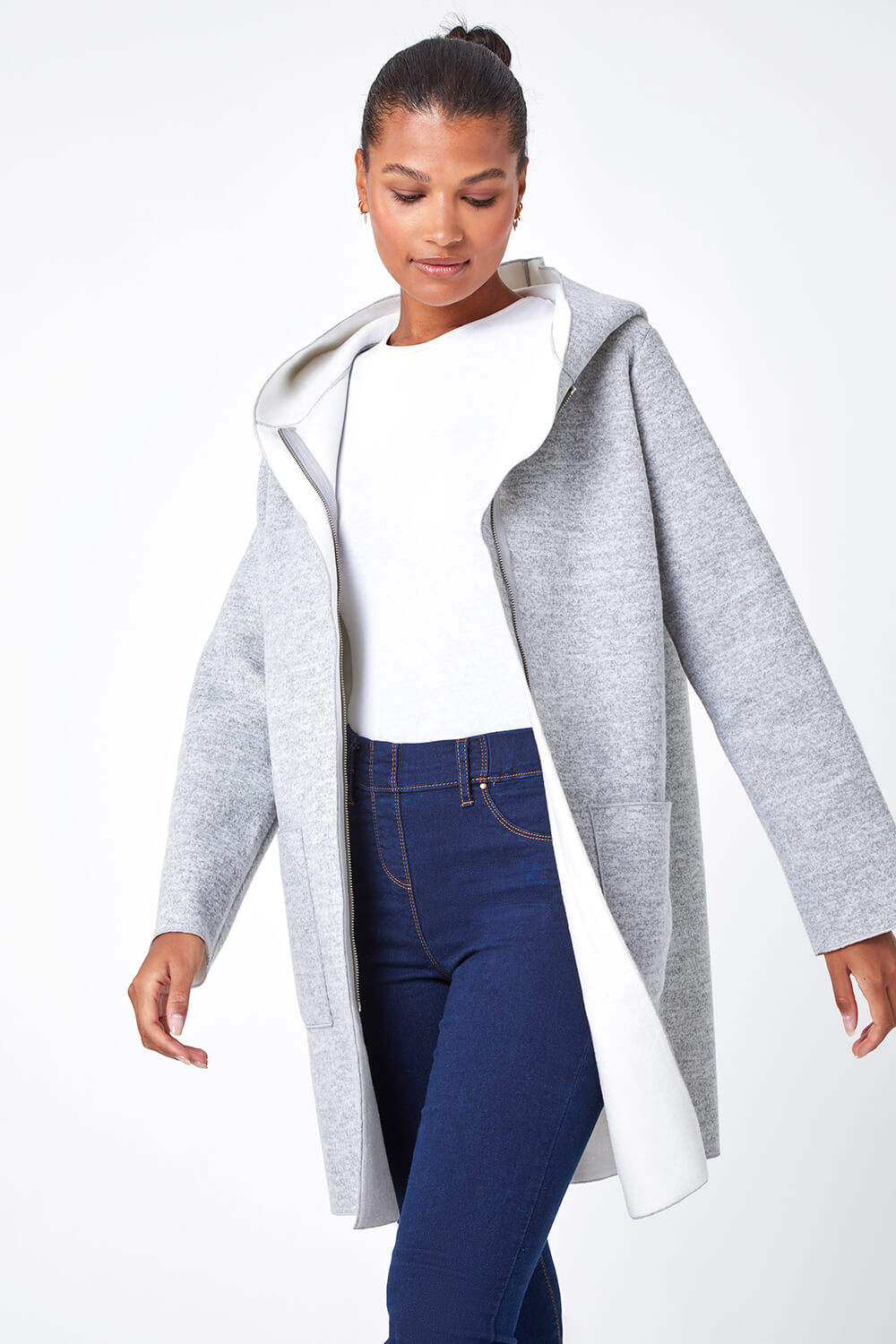 Grey Longline Hooded Stretch Coat, Image 4 of 5