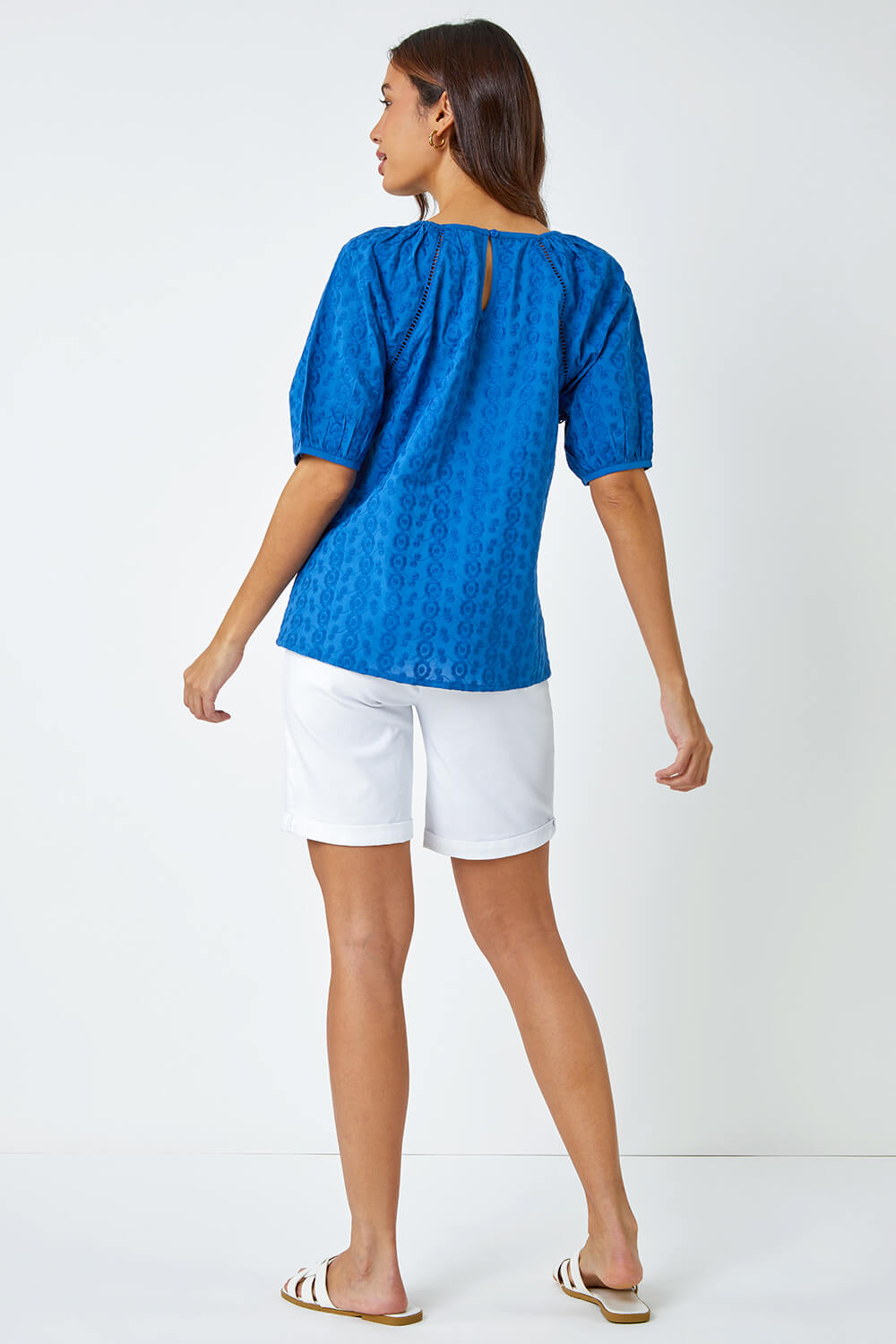 Royal Blue Broderie Puff Sleeve Cotton Top, Image 3 of 5