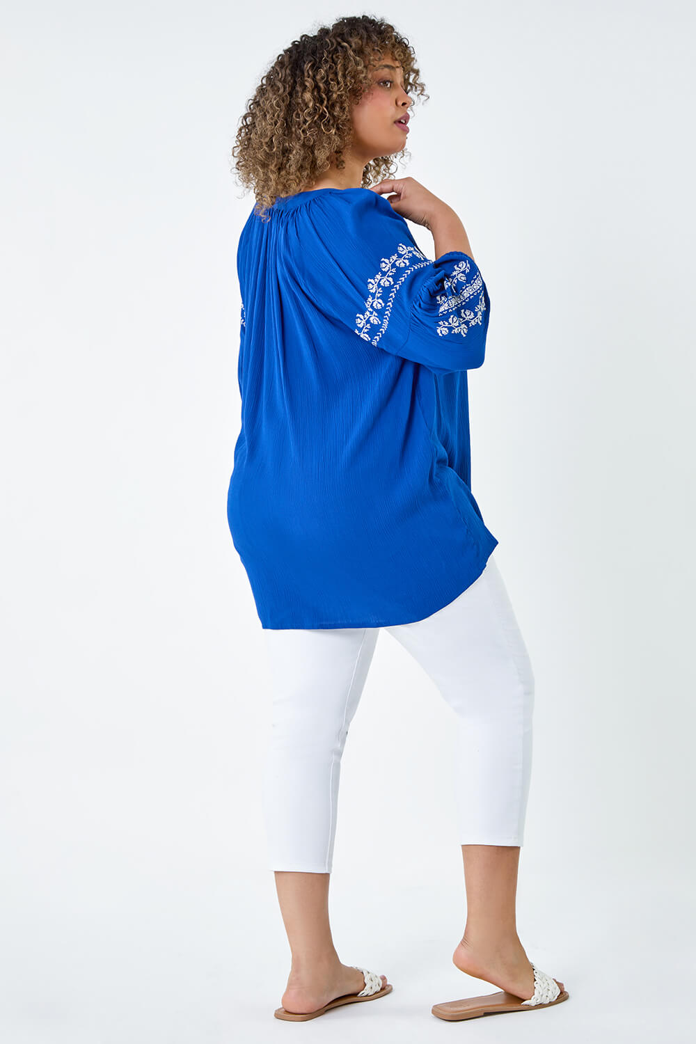 Royal Blue Curve Tie Neck Embroidered Smock Top, Image 3 of 5
