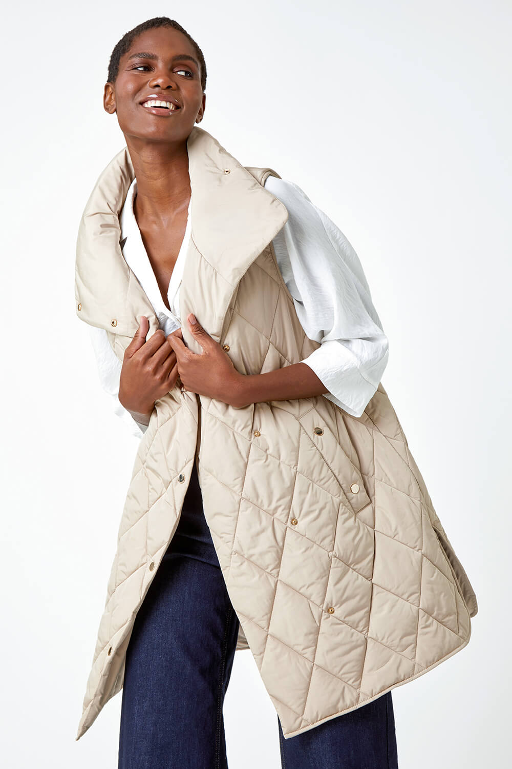 Natural  Quilted High Neck Longline Gilet, Image 5 of 5