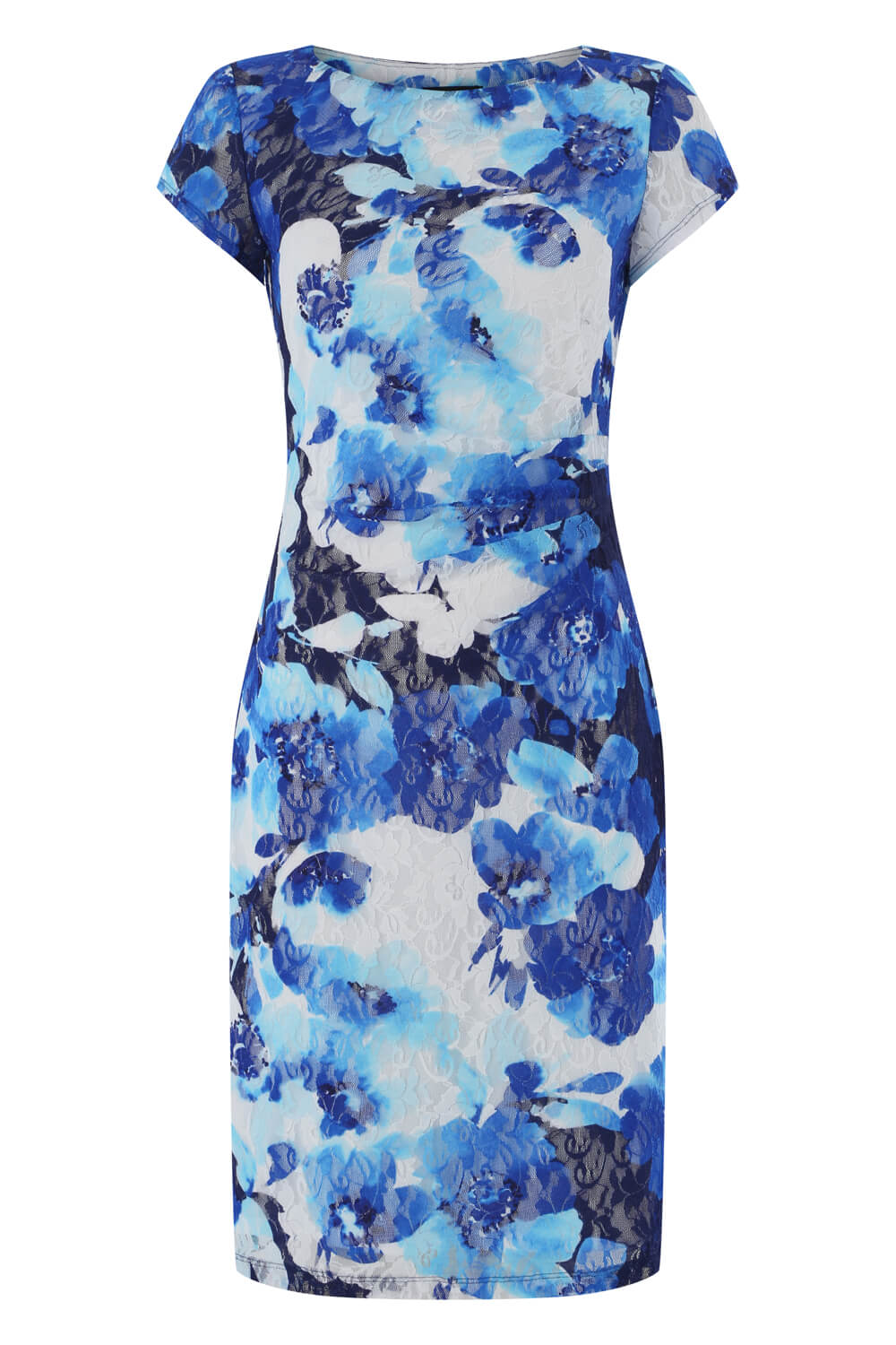 Royal Blue Floral Print Lace Ruched Dress, Image 4 of 4