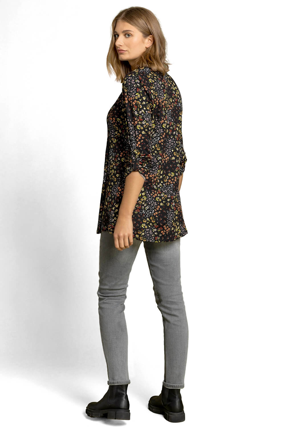 Multi  Floral Print Pintuck 3/4 Sleeve Jersey Shirt, Image 2 of 4
