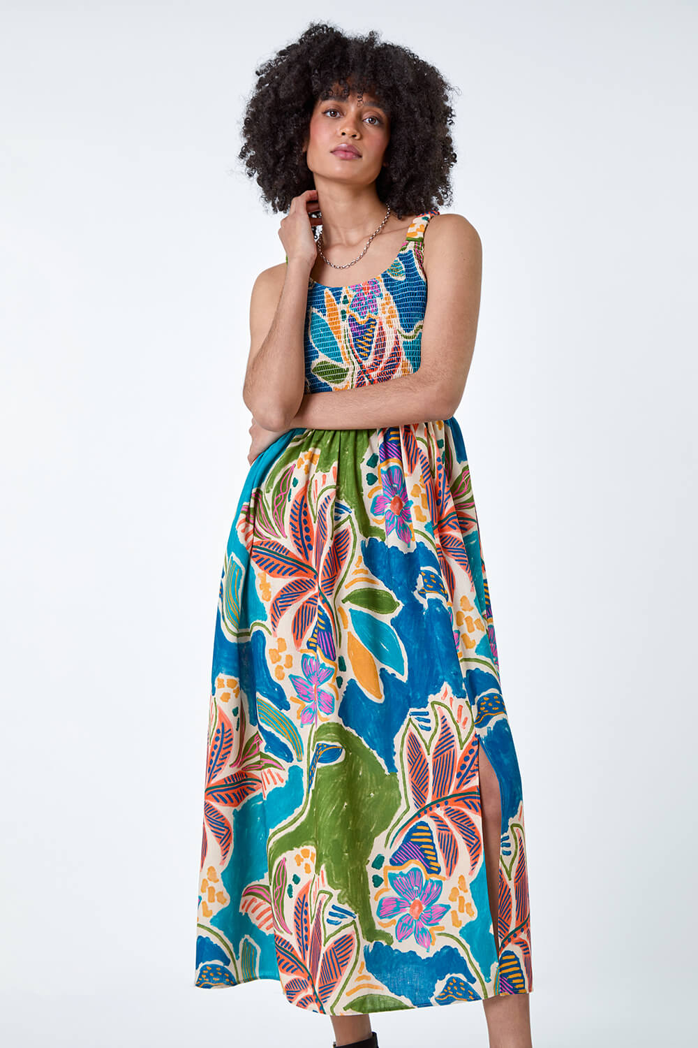 Blue Tropical Leaf Shirred Bodice Midi Dress, Image 4 of 7