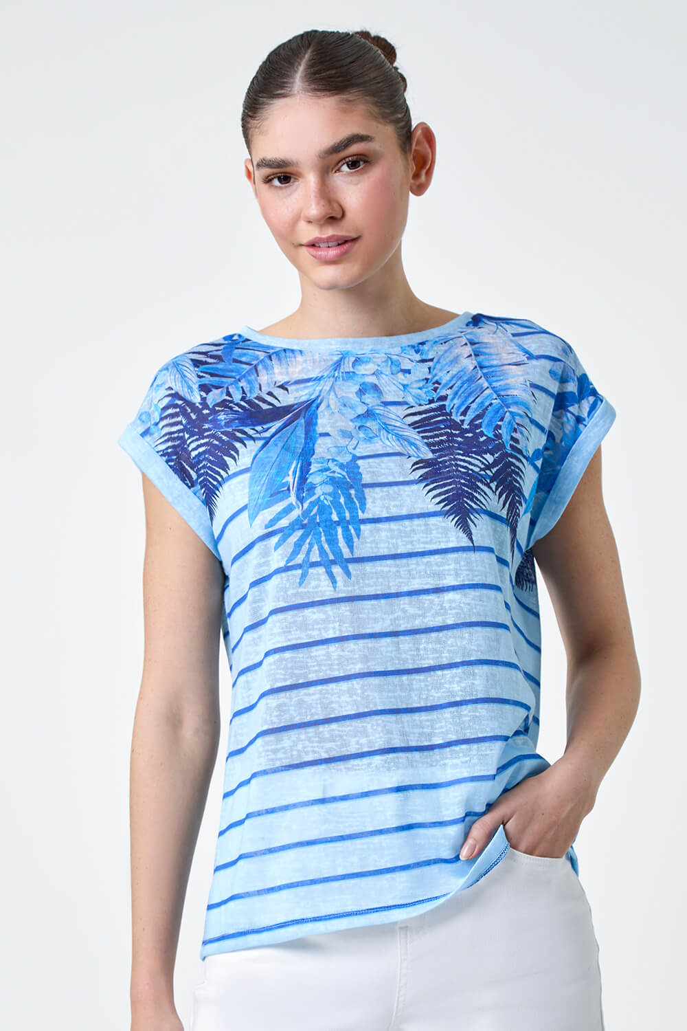 Blue Tropical Leaf Stripe Stretch T-Shirt, Image 2 of 5
