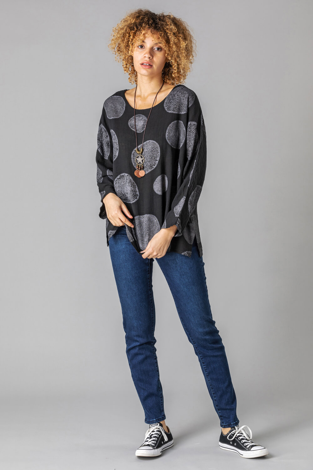 Black Spot Print Top with Necklace, Image 2 of 4