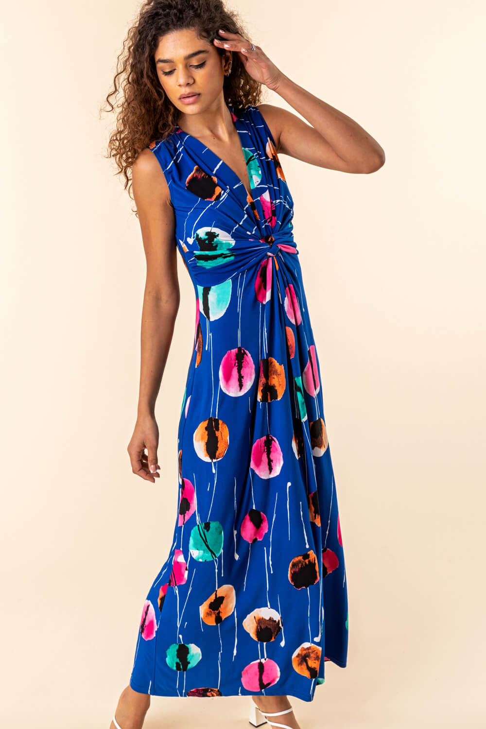 Royal Blue Abstract Floral Print Twist Waist Maxi Dress, Image 3 of 4
