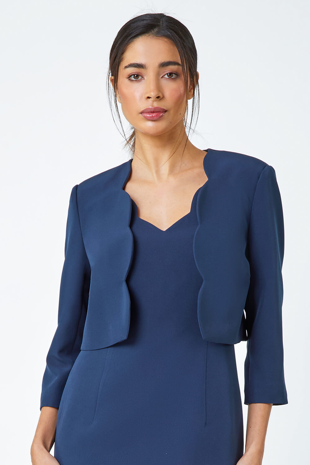 Navy  Cropped Scallop Edge Smart Jacket, Image 2 of 6